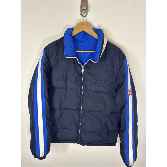 Vintage Tommy Hilfiger Reversible Puffer Jacket Ski Club USA Navy Blue L - Picture 1 of 11